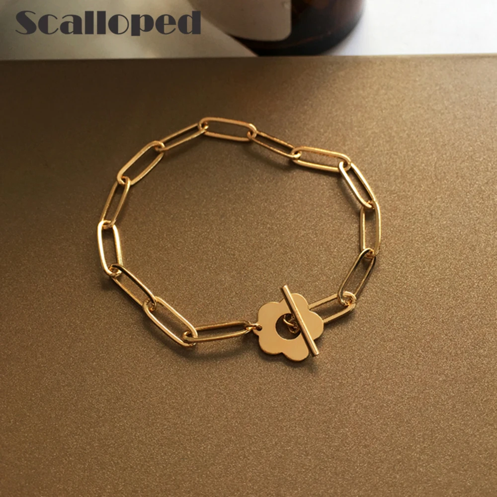 

SCALLOPED European Individual Design Flower Bracelets High Quality Chain Link OT Buckle Hip Hop Style Women Statement Jewelry