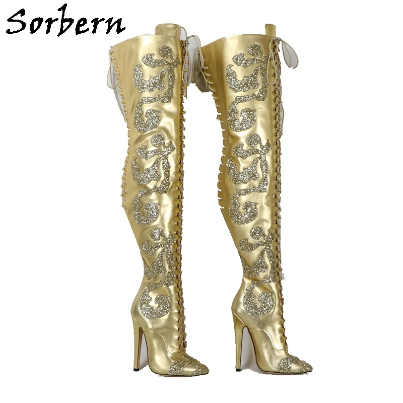 Sorbern Gold Genuine Leather Boots Mid Thigh High Women Stilettos High Heel Glitter Flowers Ladies Heeled Custom Lace Up Back