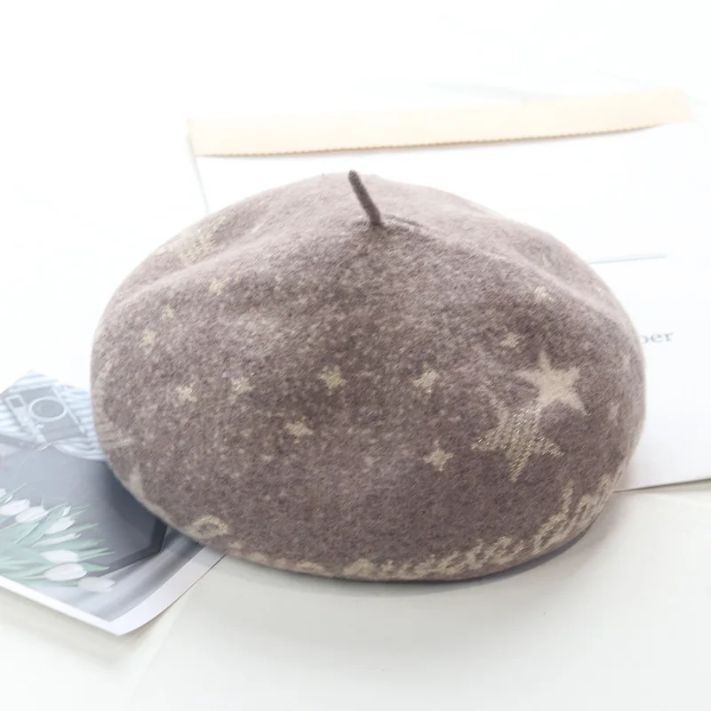 

Wool beret Autumn winter vintage hat Jacquard Star Fashion Hat lady casual versatile bud hat