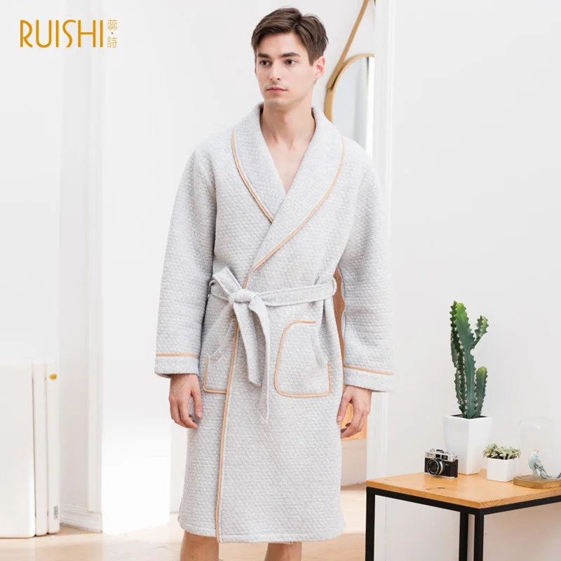 72501-Grey Модный комплект, зимний теплый хлопковый банные мужские халаты с длинными рукавами, хлопковое кимоно с поясом - Цвет: 72501-Grey