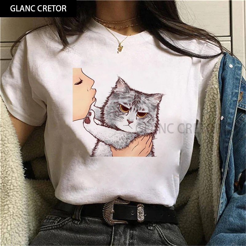 

2021 Kiss a cute cat Printed Tshirts Casual Tops Tee Summer Women T-shirt Harajuku 90s Vintage White tshirt Female Clothing