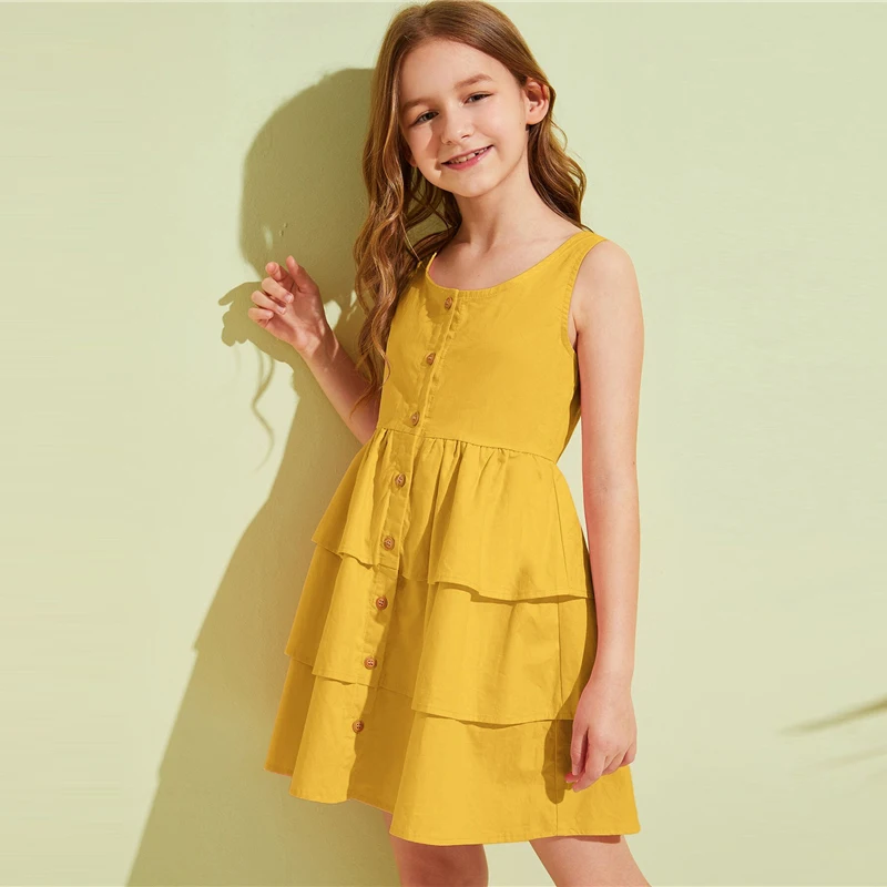 SHEIN детское короткое платье для девочек-подростков с оборками и пуговицами спереди, летние многоуровневые платья для девочек