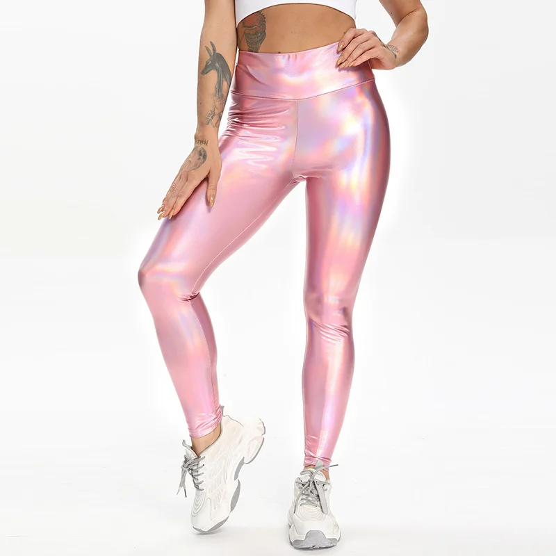 

Hot Pink Push Up Yoga Pants Workout Fitness Shiny Women Compression Tight Sports Laser Leggings
