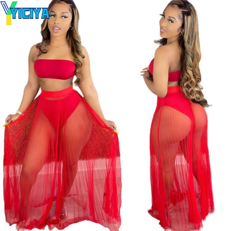 

YICIYA Sexy Women Set Two Pieces Set Strapless Bra Crop Top Transparent Gauze Long Shorts Skirt 2 Pieces Set Outift,tracksuit