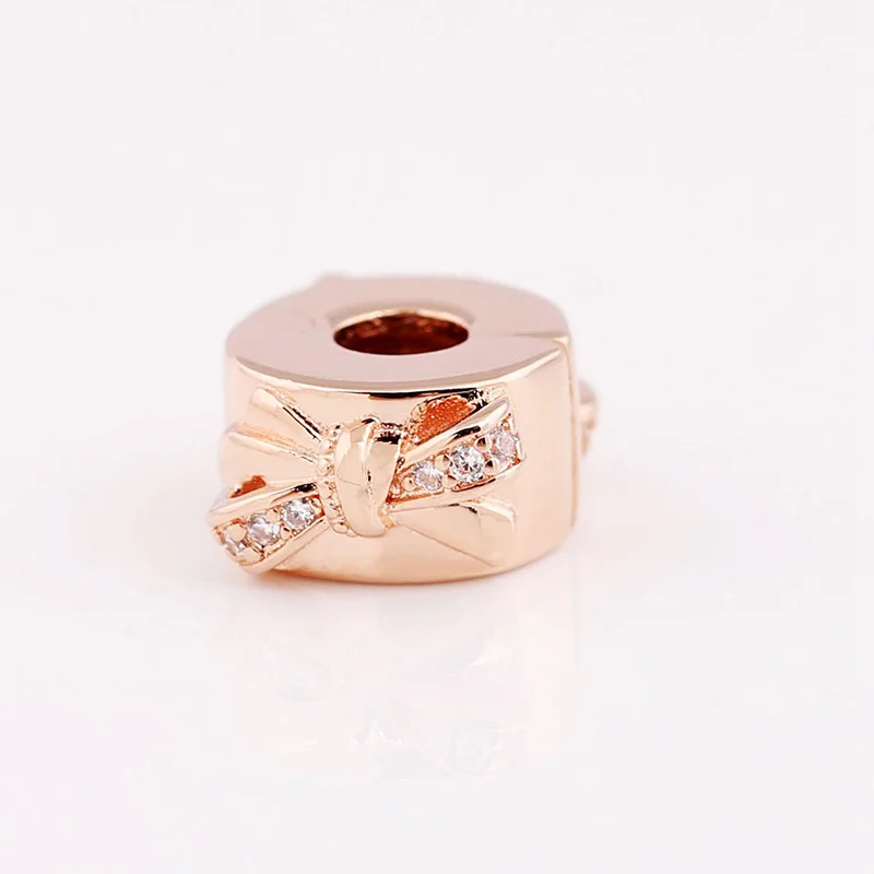 

100% 925 Sterling Silver Charm Rose Gold Round Bow Clip Fit Pandora Women Bracelet & Necklace Diy Jewelry