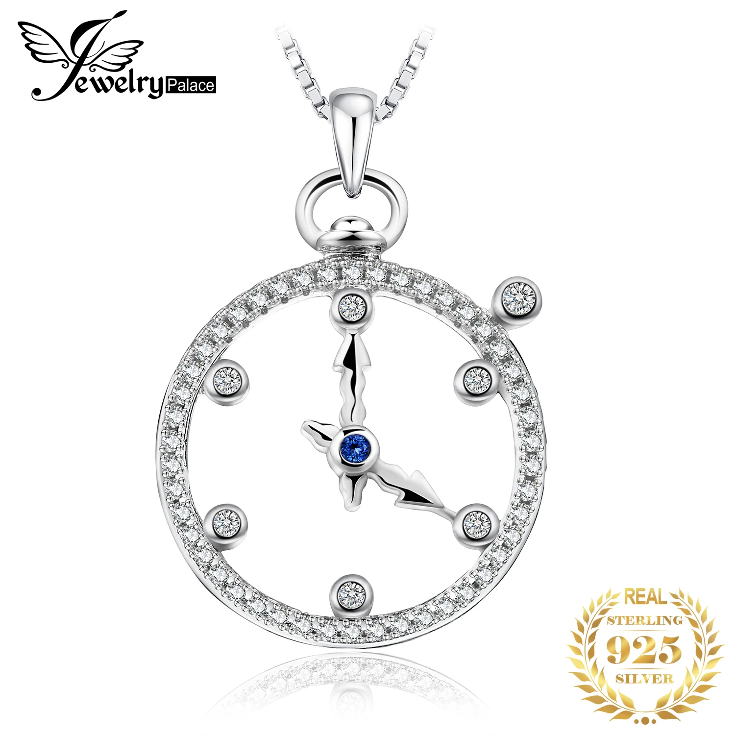 

JewelryPalace Created Sapphire Clock 925 Sterling Silver Cubic Zirconia Pendant Necklace Women Circle Round Pendant No Chain