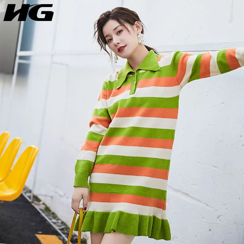 Женское трикотажное платье-поло HG платье в радужную полоску с длинными рукавами