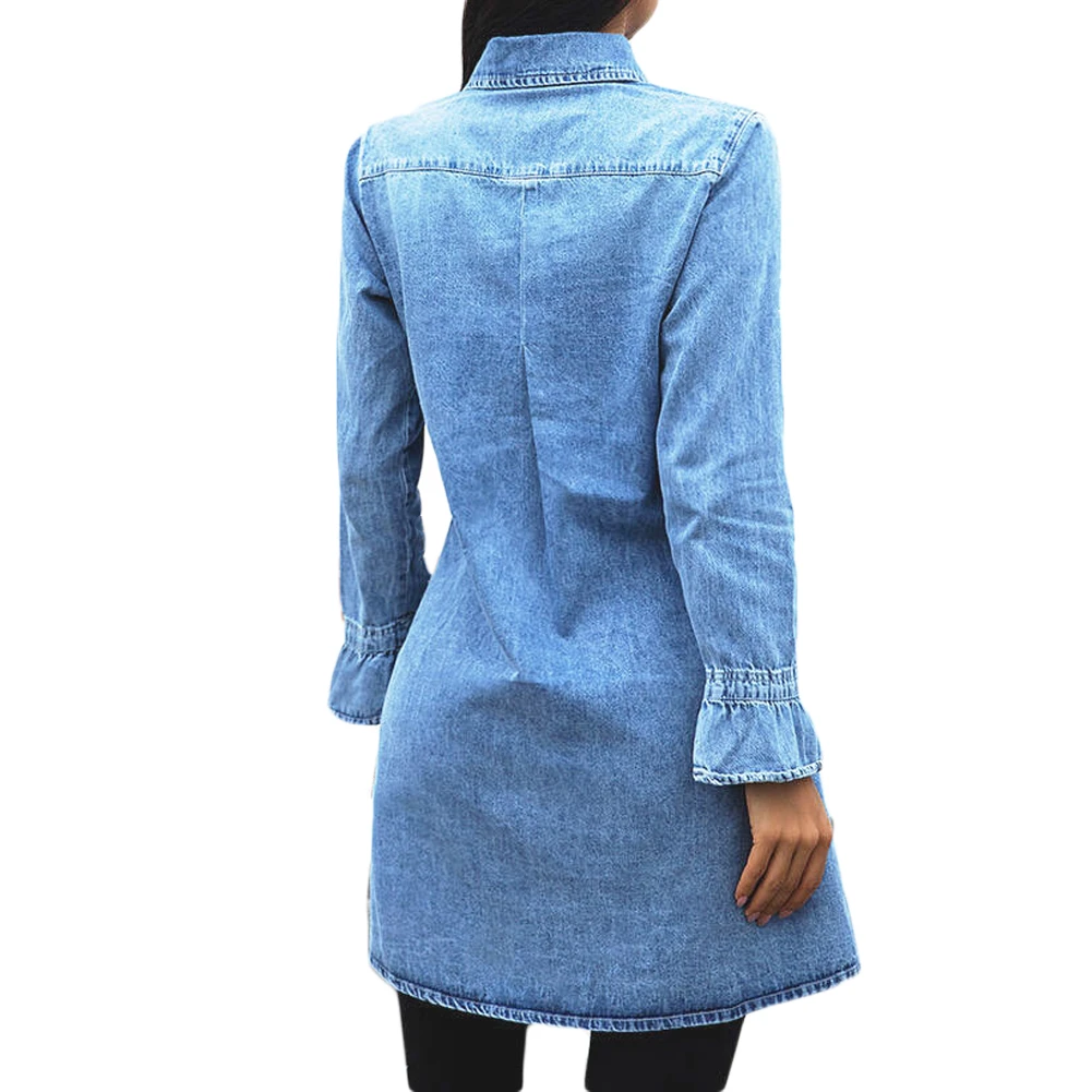

Women Long Sleeve Denim Dress Single-breasted Mini Dress Spring Summer Jean Dresses Casual Shirt Dress