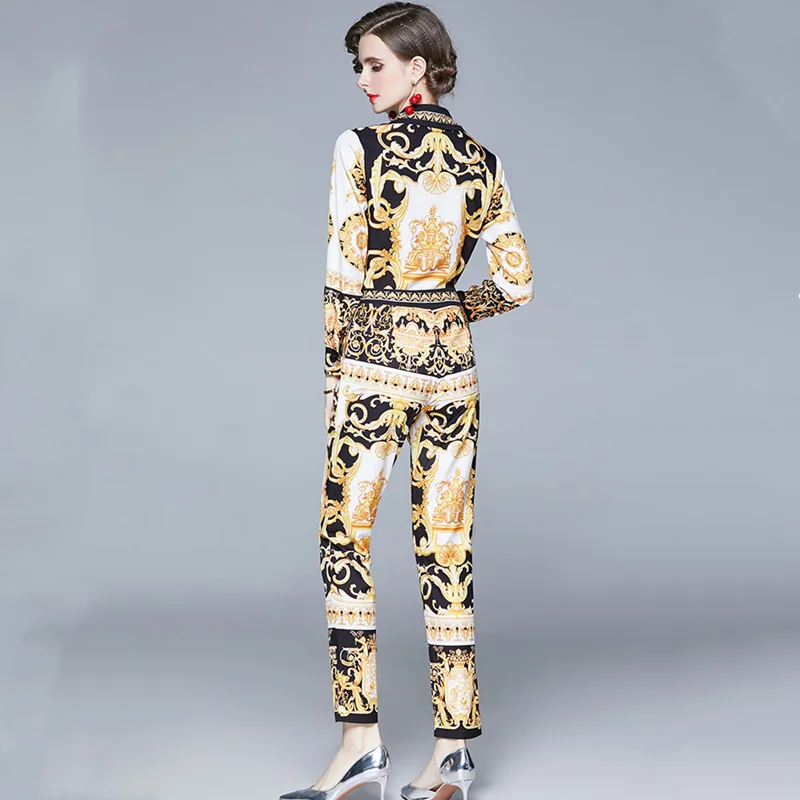 

Autumn new fashion retro temperament printed shirt + two-piece pants