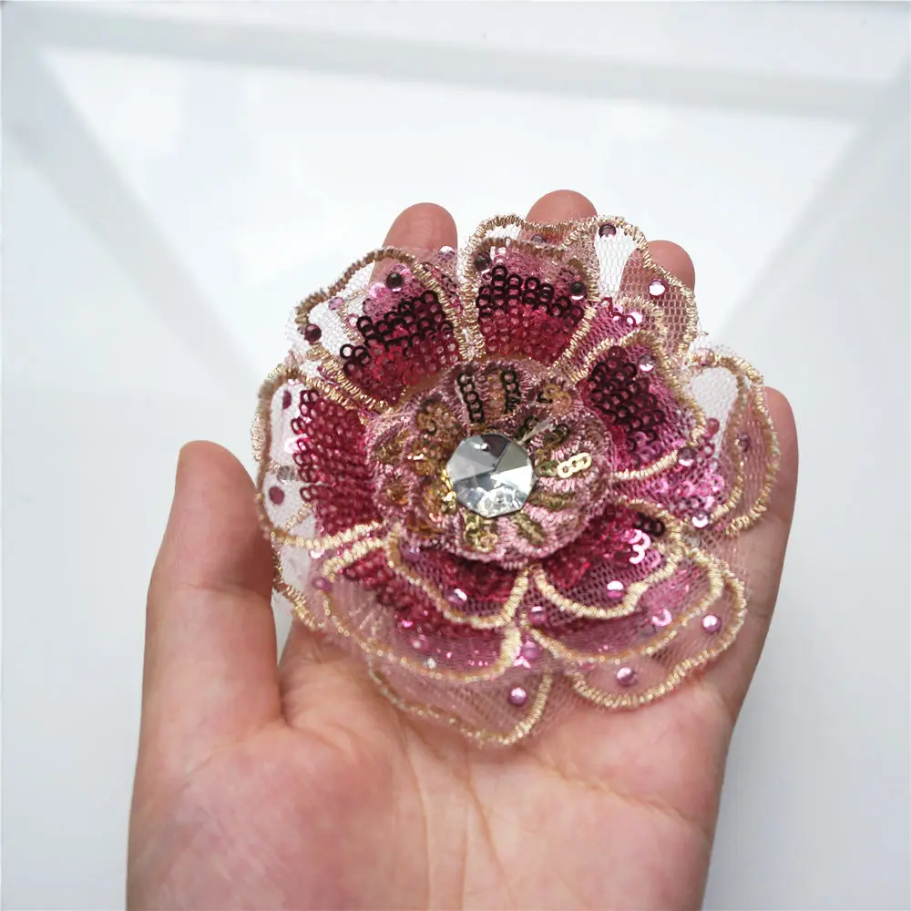 8 см розовый блесток вышитые 3D цветок голова нашивка на одежду сетка многослойная