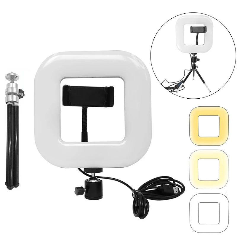 

18cm 20cm 23cm Photography LED Selfie Square USB LED Light Dimmable Table Fill Ringlight Makeup With Tripod Stand Phone Holder