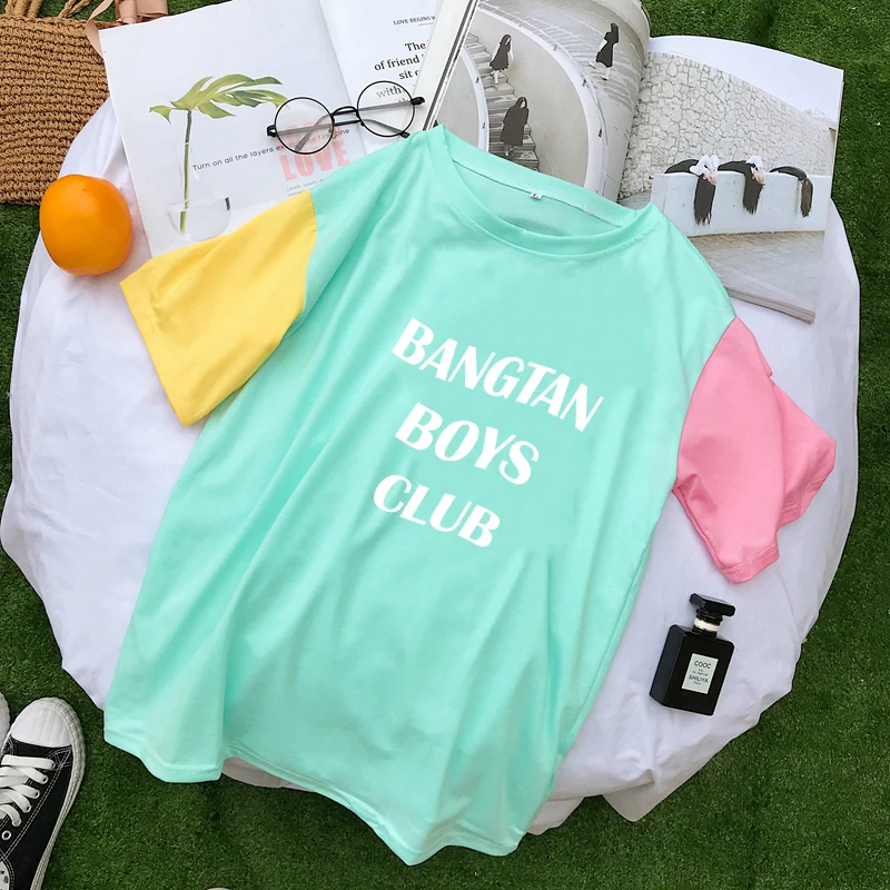 Summer New Spell Color Splicing T Shirt Women Casual Letter Print Streetwear Loose Korean Kpop BANGTAN BOYS CLUB Cotton Clothes | Женская