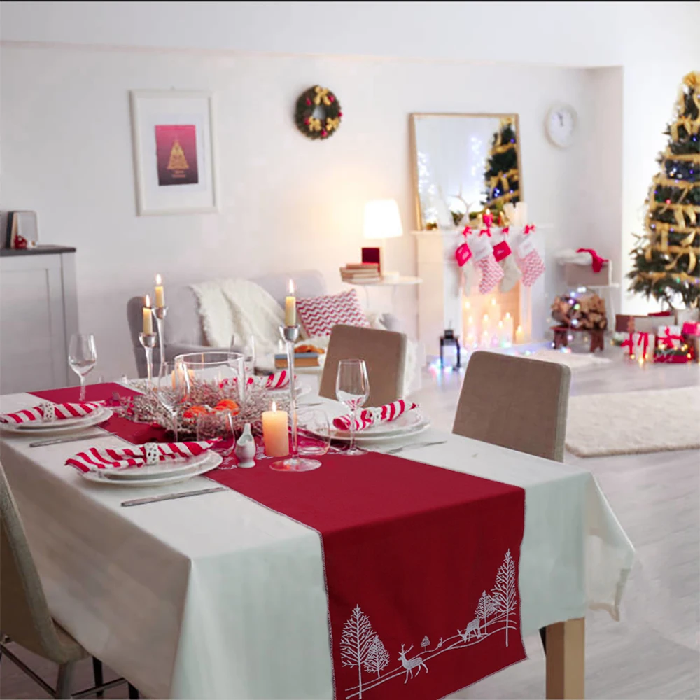 OHEART Рождество Настольная дорожка вышитая скатерть Холли лист Рождественская
