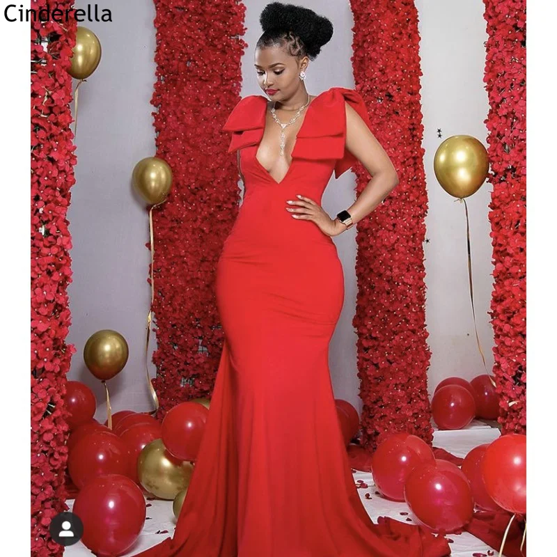 

Prom Dresses V-Neck Sleeveless Sweep Train Satin Pleated Mermaid Bow Prom Dresses With Zipper Back vestidos de fiesta de noche