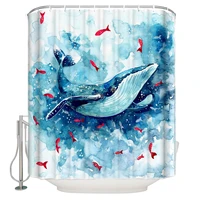 blue cartoon whale shower curtains creativity ocean wave graffiti pattern children bathroom decor with hooks cloth bath curtain