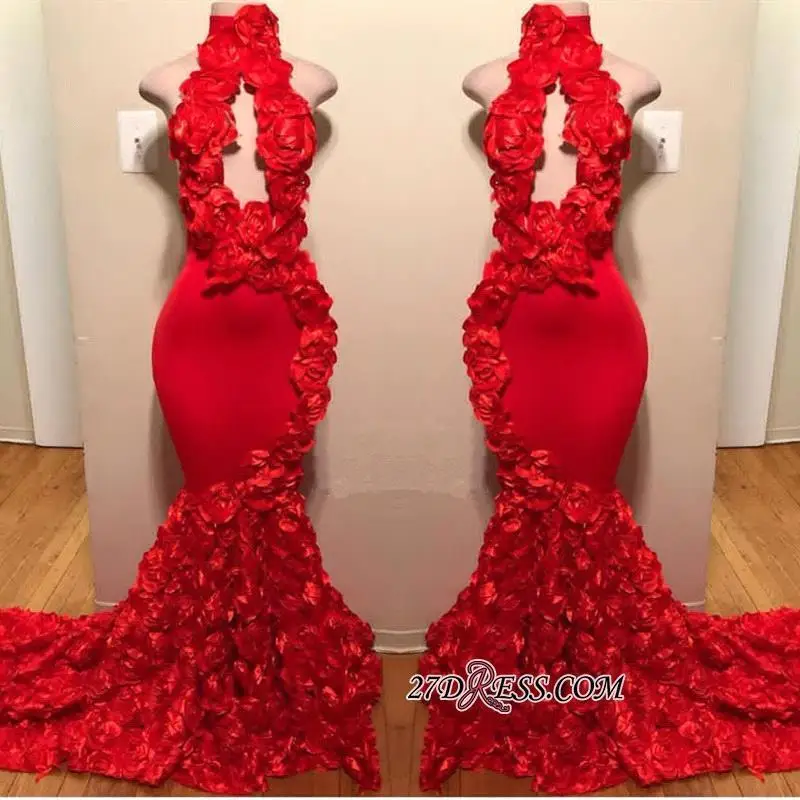 

FATAPAESE Olivier MegatonSexy Flowers Halter Sleeveless Long Prom Dresses Satin Red Keyhole Mermaid Evening Party Gowns Robe