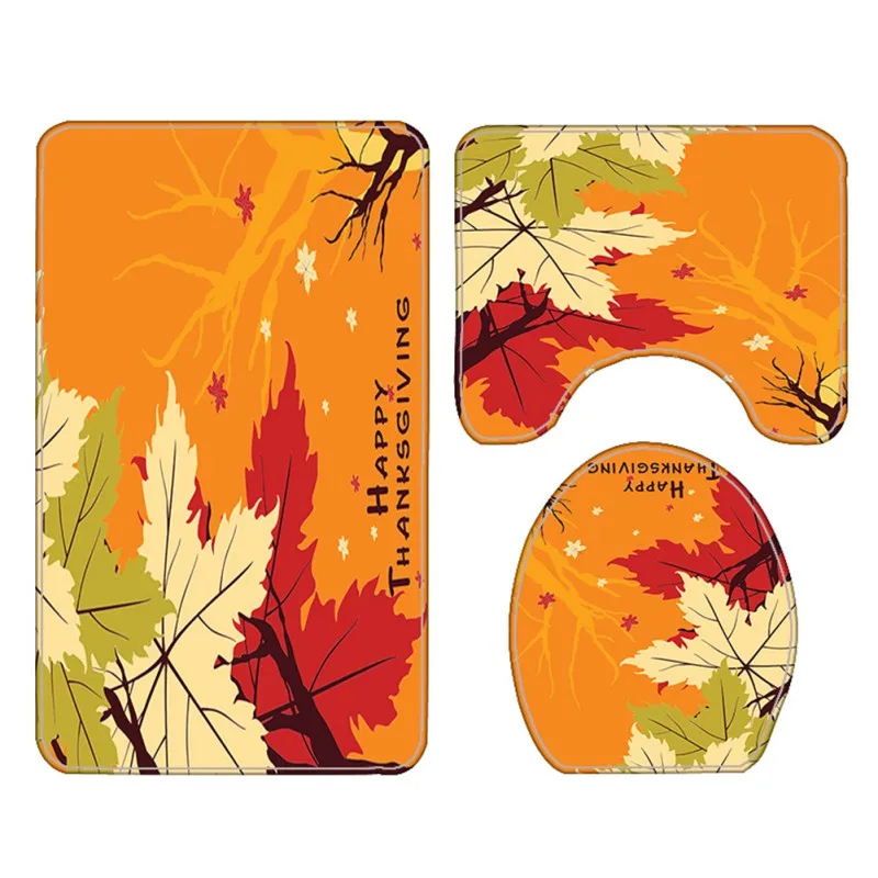 

4-piece Set Of Thanksgiving Holiday Shower Bathroom Personalized Printing Shower Curtain Floor Mat Base Mat Toilet Mat Combo Set