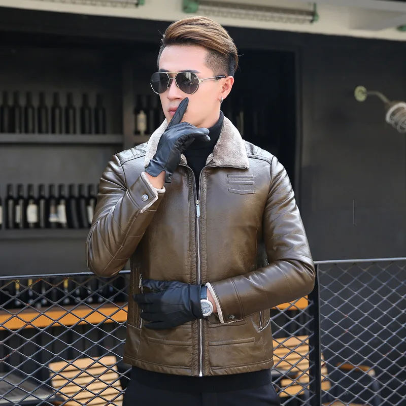 

Leather men's fashion casual plus velvet thickening Winter middle-aged men leather brief paragraph leather jacket lapels 2019