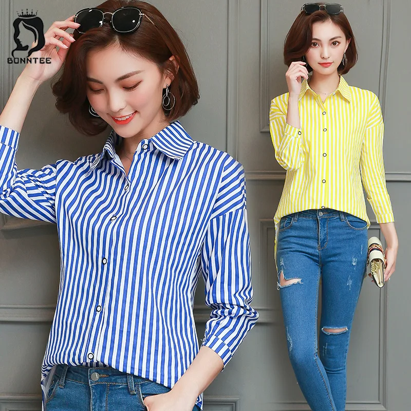 

Korean Style Women Long Sleeve Shirts Womens Elegant Striped Top Single Breasted Females Loose Shirt Female Tops Elegant Ladies