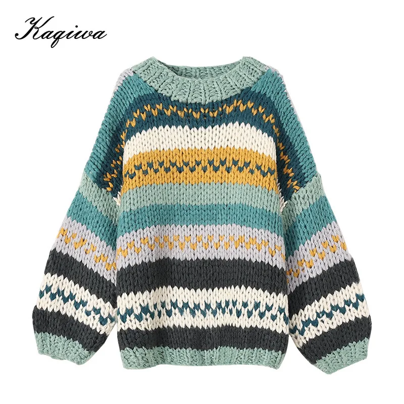 

Female Knitted Pullovers Casual Loose Green Knitwear Pullovers Women Oversized Striped Knit Sweater C-001