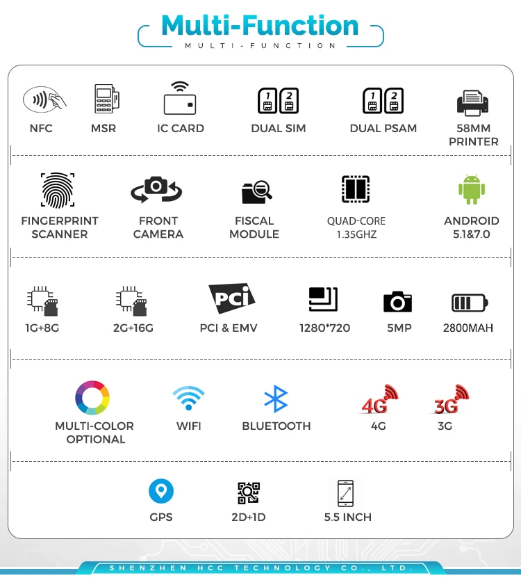 5,5 дюймов сенсорный экран wifi Bluetooth 4G GPRS POS машина Смарт ручной Android POS терминал системы с 58 мм Принтер HCC-Z91