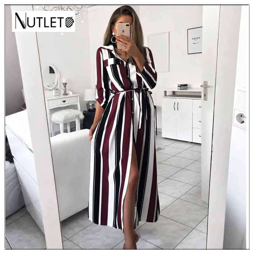 Новая модель 2019 офисное женское длинное платье с отложным воротником и