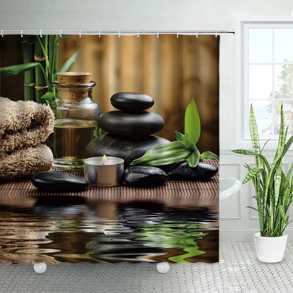 

Zen Green Bamboo Shower Curtains Black Stones and Spa Japanese Garden Scenery Bath Curtain Polyester fabric Bathroom Decor Sets