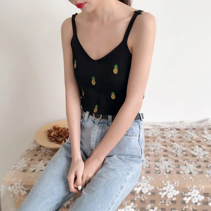 Женский милый тонкий трикотажный топ с вышивкой фруктов топы без рукавов