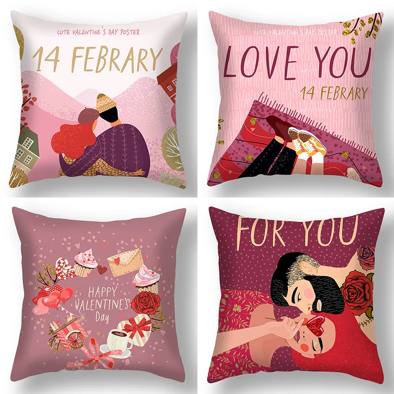 

Pink Square Sofa Hotel Bed Peach Skin Valentine Day Lover Velvet Cotton Winter Pillowcase Modern Pillow Seat Cushion