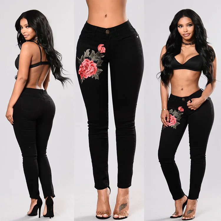 

2017 fashion hot selling Embroidered Black elastic denim Leggings women