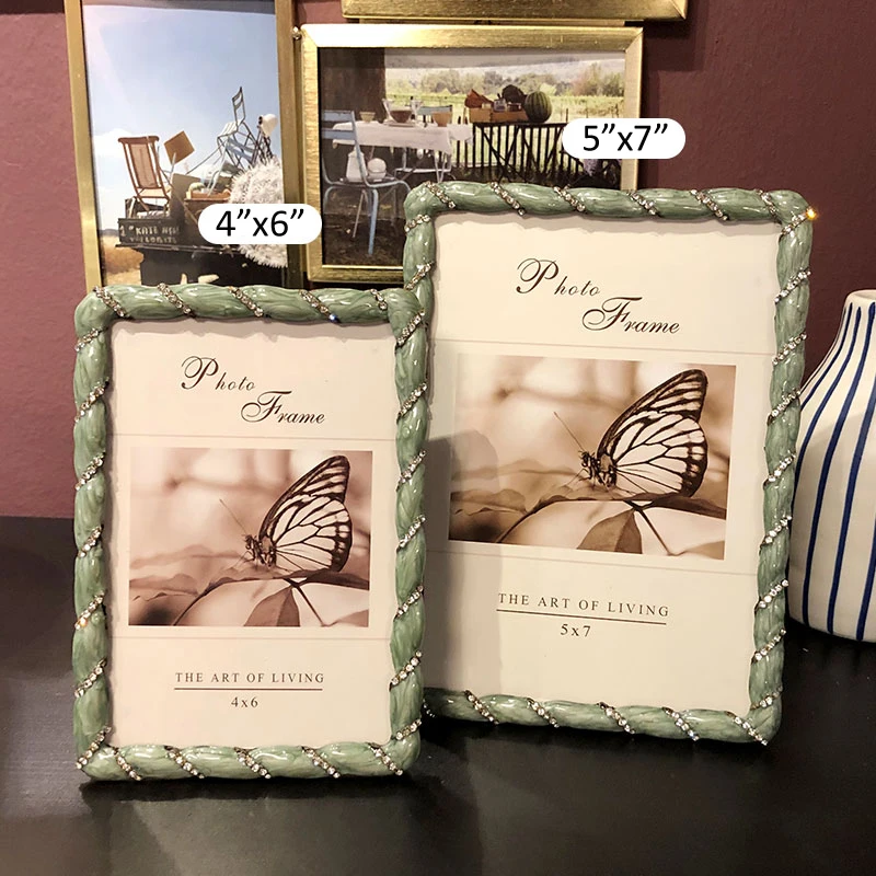 

Rectangle Gold Green Jeweled Metal Photo Frame 4x6 5x7 inches European Home Desk Decor Hand Enameled Zinc Alloy Picture Frame