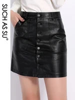 high waist leather skirt 2021 new fashion fall winter pu pockets button mini a line skirts s xxxl size black skirt female