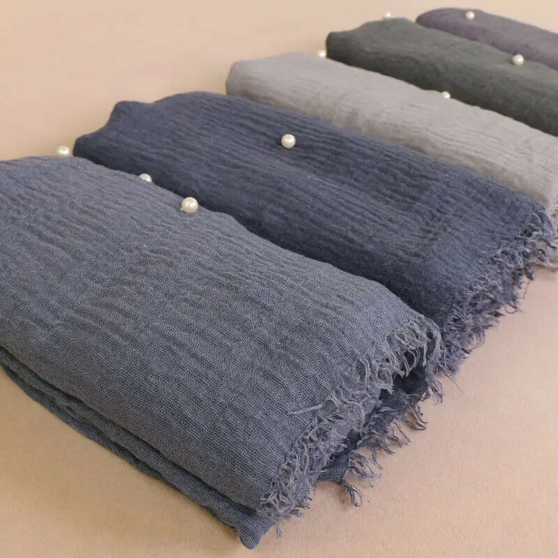 

Women Scarf Shawl Crinkle Cotton Ladies Plain Wrap Pearl Muslim Beads Hijab Head