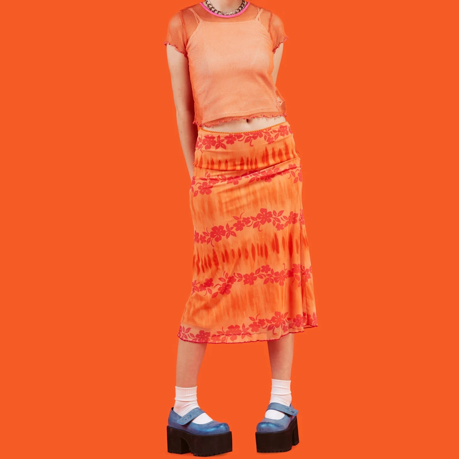 

2021 Women's New Fashion Sexy Orange Bohemian Floral Print Casual Summer Beach Loose Fit High Waist Skirt