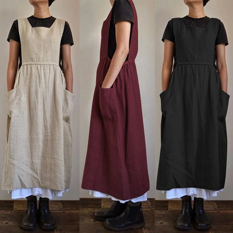 

2021 New Summer Dress Women Dress Plus Size S- 2XL Cotton Linen Ladies Tank Vestidos Sleeveless Brand Robe Pockets Clothes