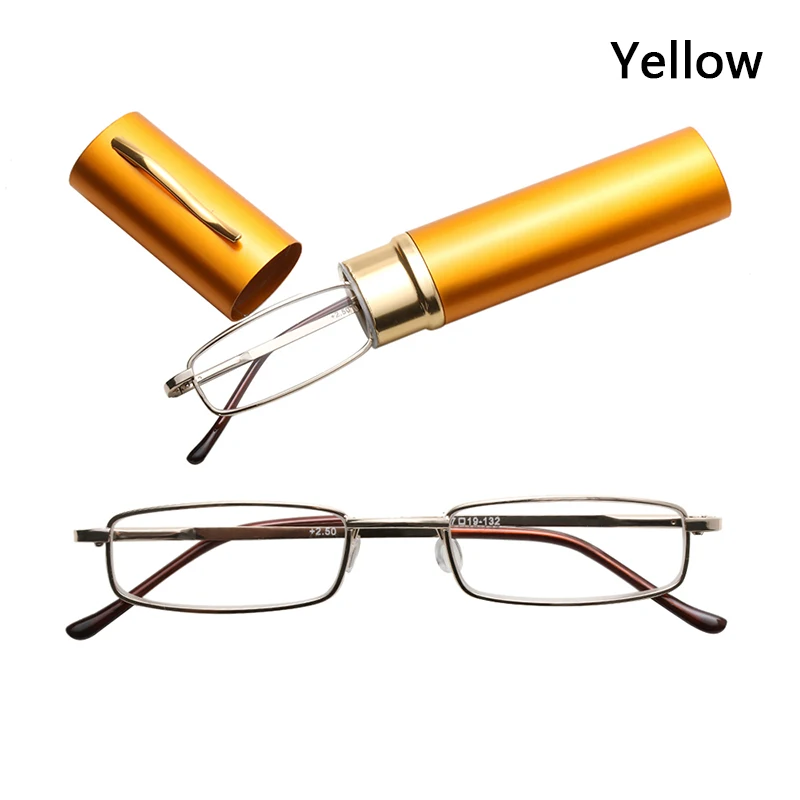 Yellow 2 Slim Tube Cases Reading Glasses Men Women Metal Small Frame Clear Lens Portable Hangable Pocket Presbyopic Glasses Accessories - Цвет: Yellow 2