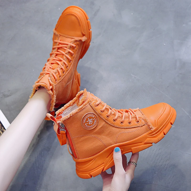 Женские парусиновые ботинки на платформе женские ботильоны с круглым носком и