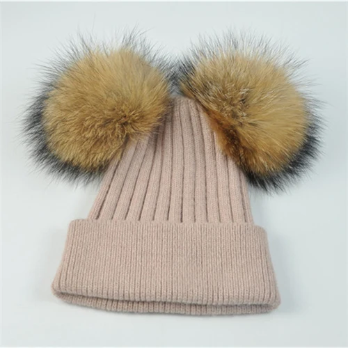Pink natural fur Женская зимняя шапка с двойным меховым помпоном, женский шерстяной съемный меховой вязаный шарик, Шапка-бини с 2 натуральными цветными помпонами из меха енота - Цвет: Pink natural fur