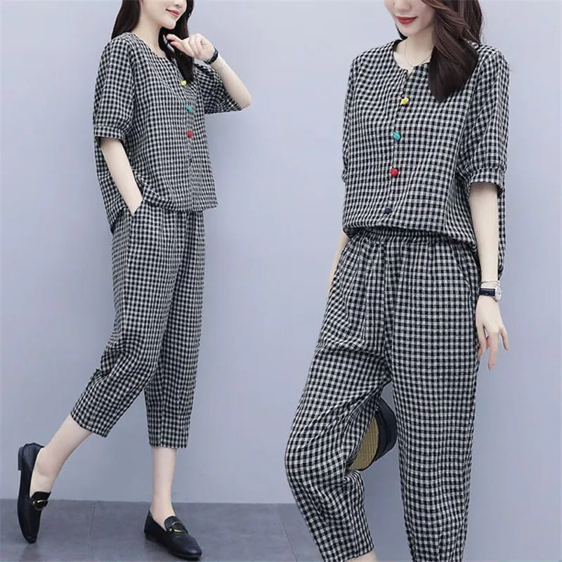 

Summer Plaid 2 Piece Set Tracksuit Women O-Neck Short Sleeve Pullover Top + Pants Suits Loose Casual Women's Sets Chandal Mujer