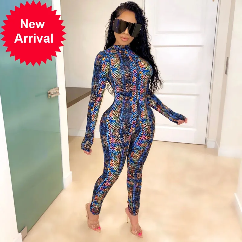 

New sexy tight Snake Print sports Yoga casual rompers womens Jumpsuit joggers tights women set 2021 fashion leather leggings