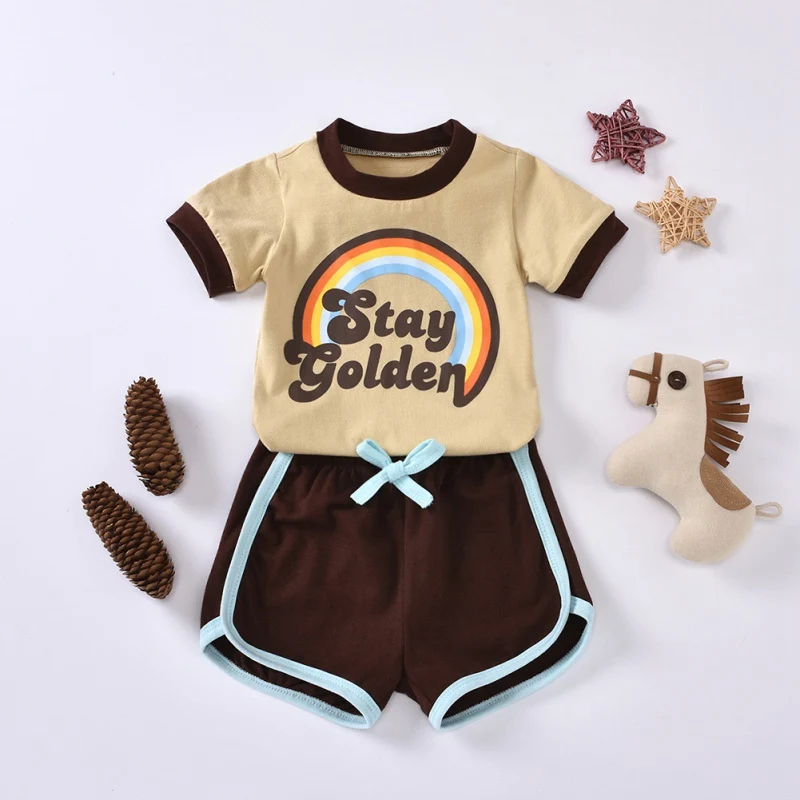 

Summer Children Baby Girls Casual Letter Rainbow Pattern T-shirt Tops+Shorts Outfits Set O-Neck Regular Pullover Baby Shorts Set
