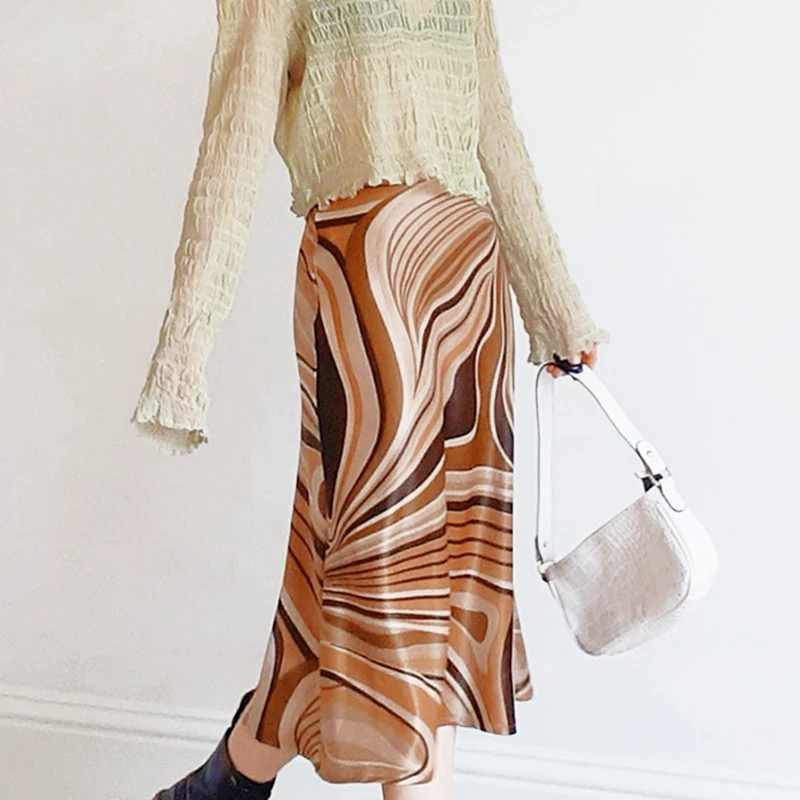 

Casual Printed Midi Skirt Women Brown A-Line High Waist Elegant Skirts Ladies Summer Vintage Fashion Streetwear