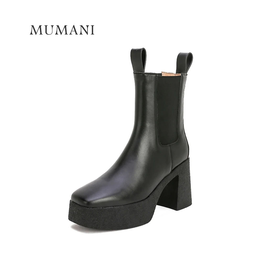 MUMANI Chelsea Boots New 2022 Woman‘s High Heels British Genuine Leather Lady Shoes Square Toe Platform Slip-On ANKLE Boots