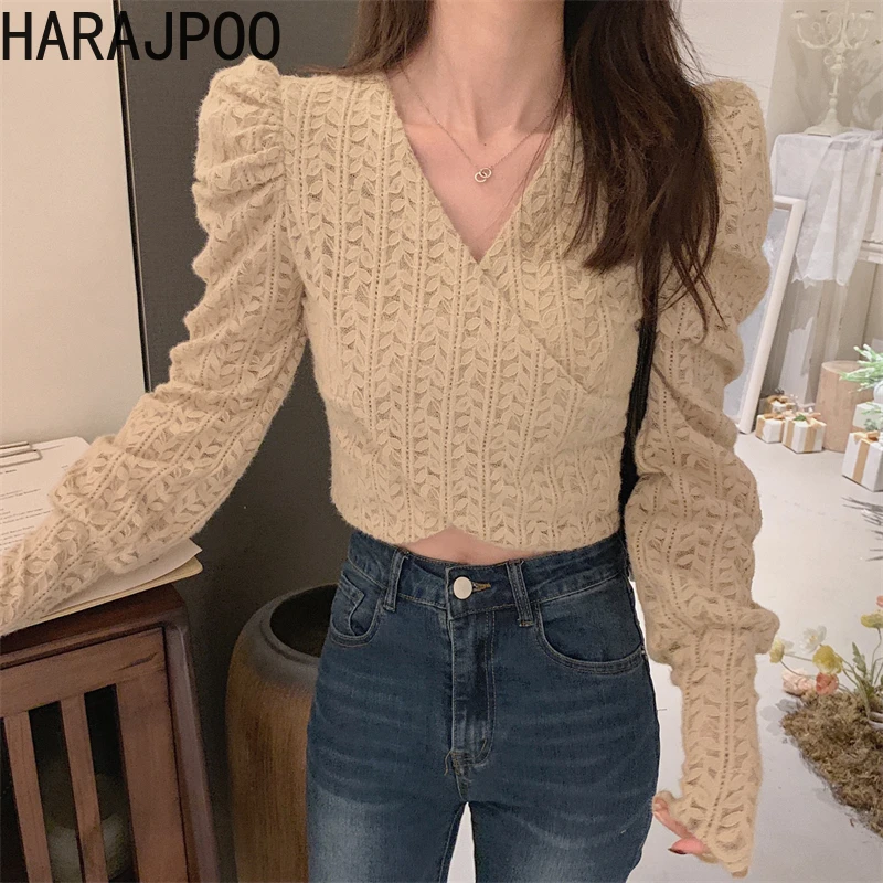 

Shirts Harajpoo Ladies V Neck Lace 2022 Spring Autumn Fashion Chic Long Sleeve Short Korean Streetwear Casual Woman Blouses