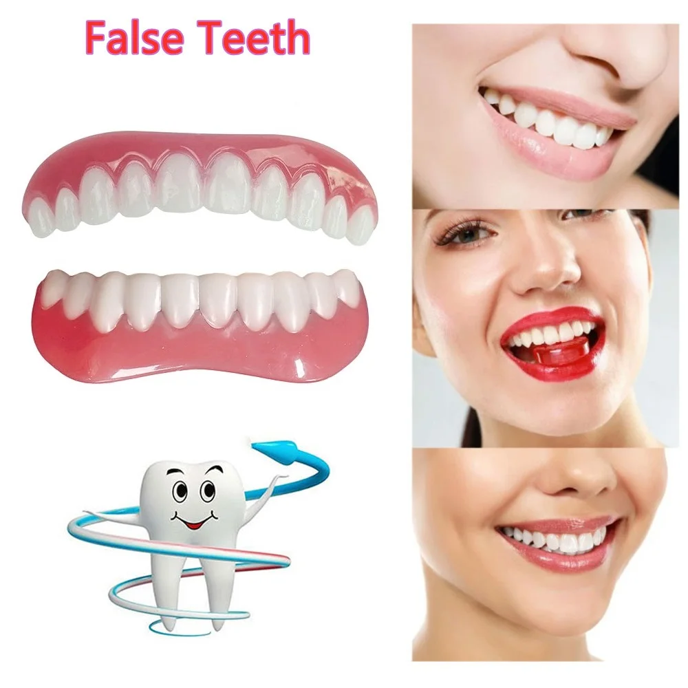 

2Pcs Top + Bottom Veneers False Teeth Perfect Smile Cosmetic Denture Dental Silicone Fake Teeth Snap in Teeth