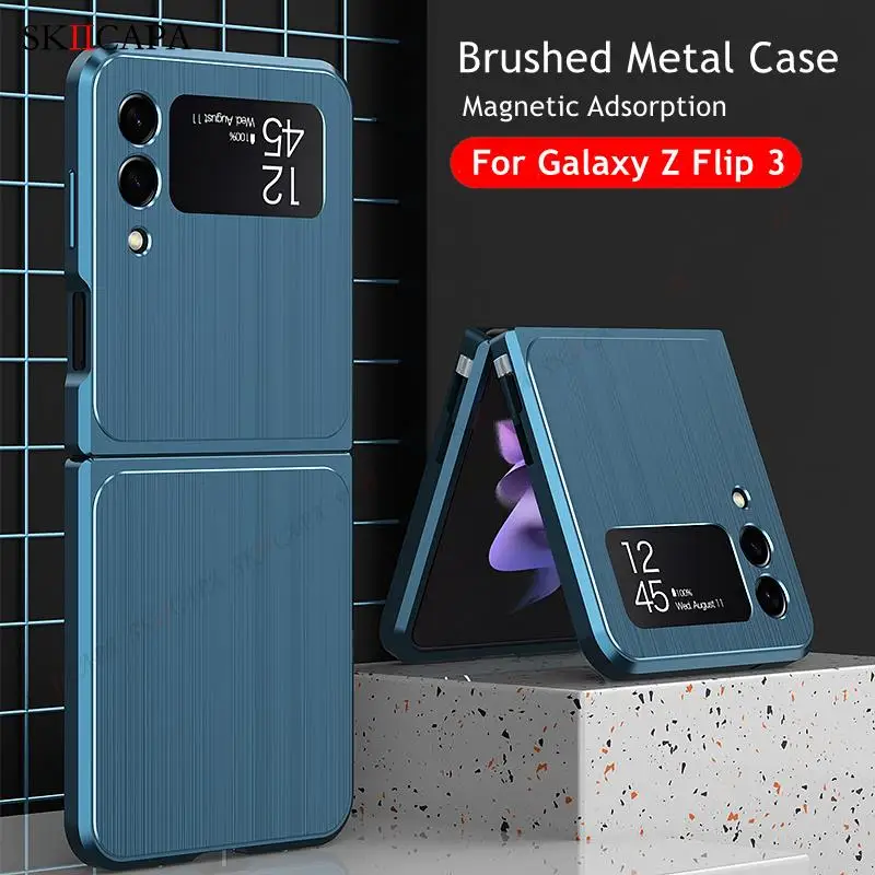 Manyetik fırçalı Metal telefon kılıfı için Samsung Z Flip 3 5G alüminyum alaşımlı çerçeve toka sert kapak için Galaxy Z Flip3 5G SM-F711B