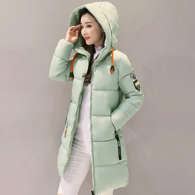 Winter Hooded Thick Woman's Long Jacket  Casual Slim Ladies Coat with Zipper Female solid Cotton Padded Female Jackets