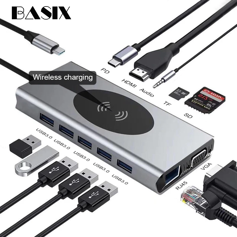 Док станция для MacbookPRO 13 в 1 USB хаб с адаптером Type C c на HDMI 3 5 мм аудио SD TF VGA RJ45