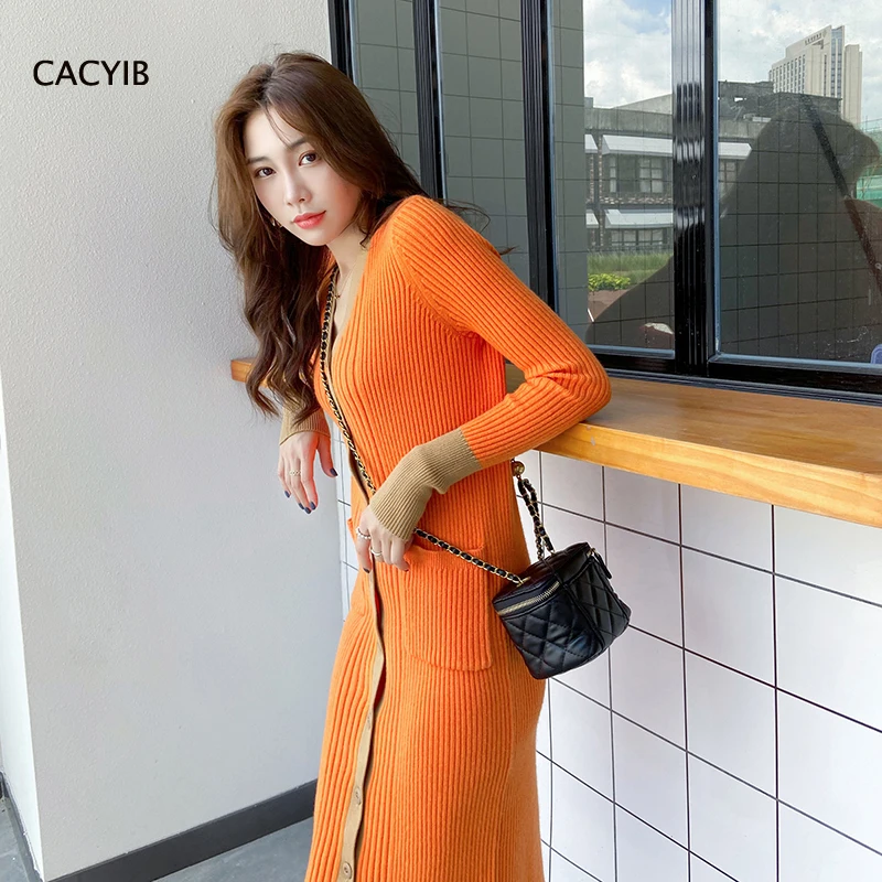 

Женское трикотажное платье casu, однобортное свободное платье контрастных цветов в Корейском стиле с длинным рукавом, Осень-зима 2020