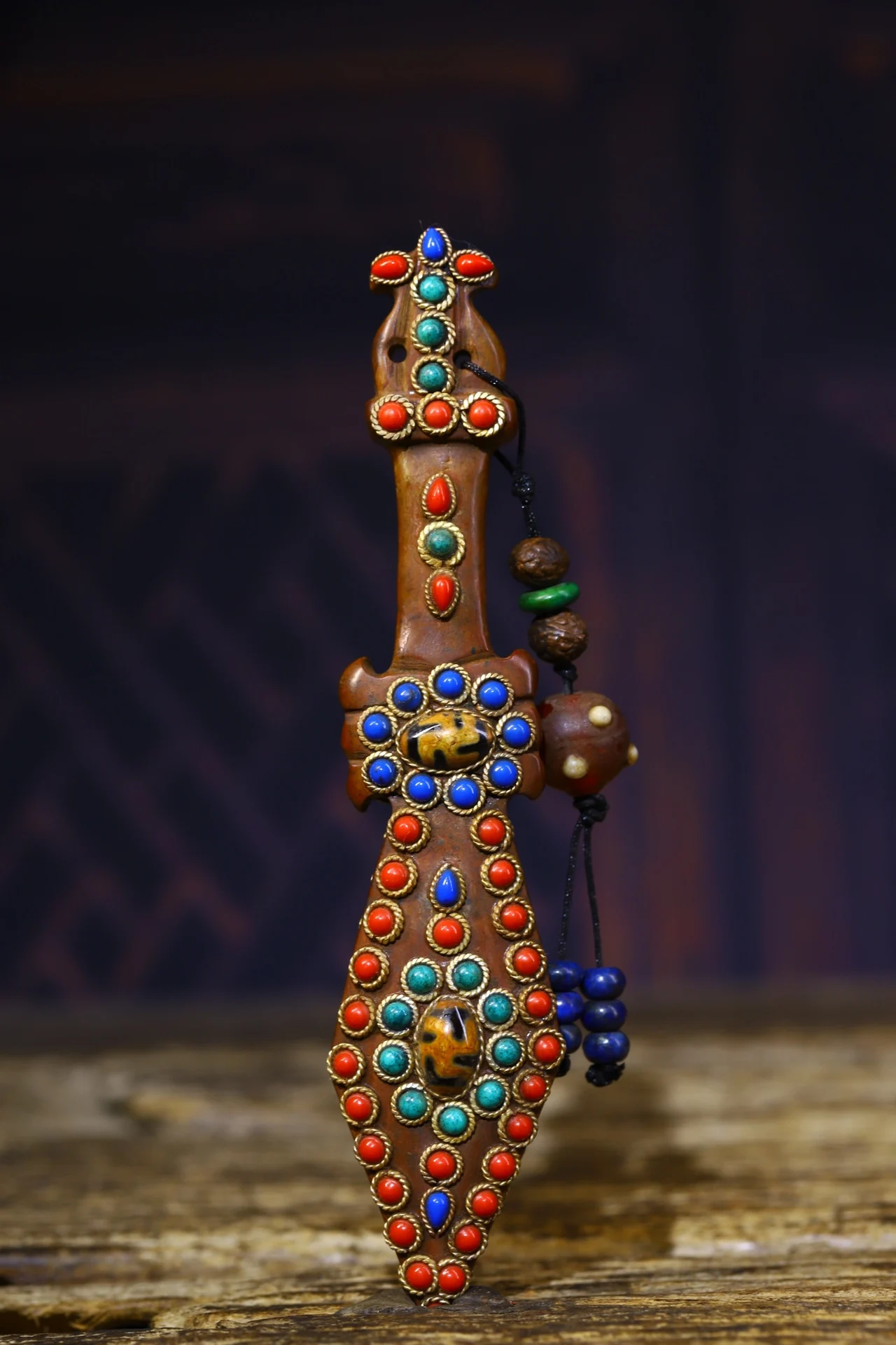 

6" Tibet Buddhism Natural meteorite Filigree mosaic Gem Dzi Bead Sword Dharma Pendant Exorcism Ward off evil spirits Town House